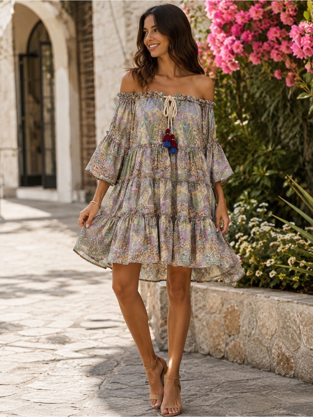 Silk Blend Paisley Tiered Dress with Tassel Tie - Pastel Multi
